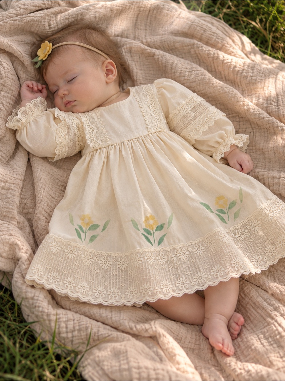 Vintage Cream Baby Dress with Yellow Floral Details
